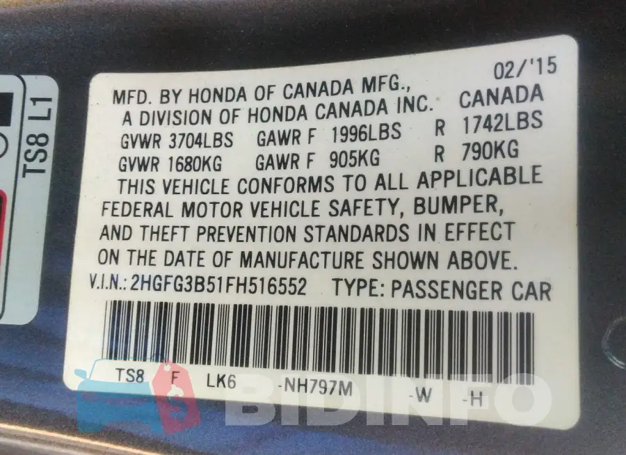 2HGFG3B51FH516552 Photo# 9