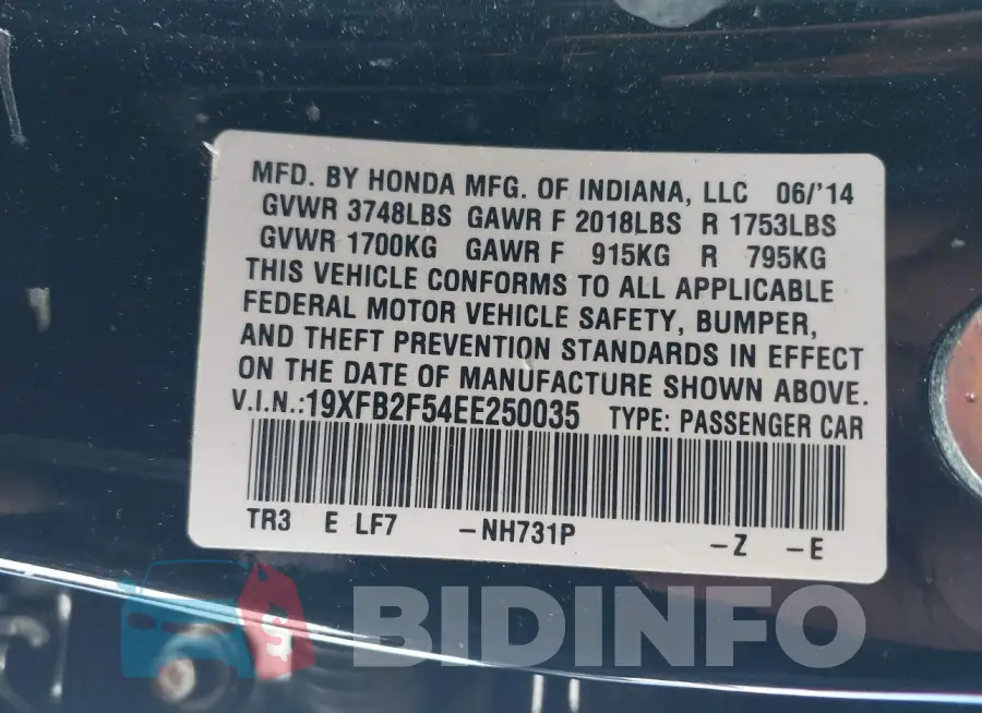 19XFB2F54EE250035 Photo# 9