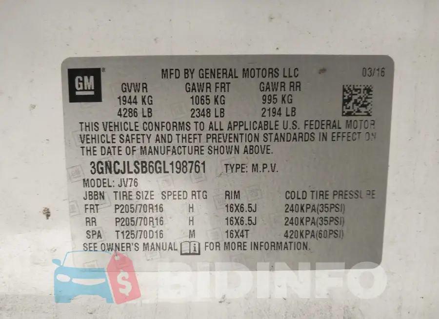 3GNCJLSB6GL198761 Photo# 9