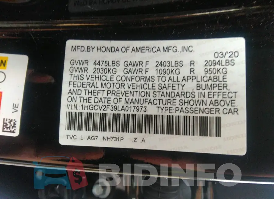 1HGCV2F39LA017973 Photo# 9 1HGCV2F39LA017973 Photo# 9