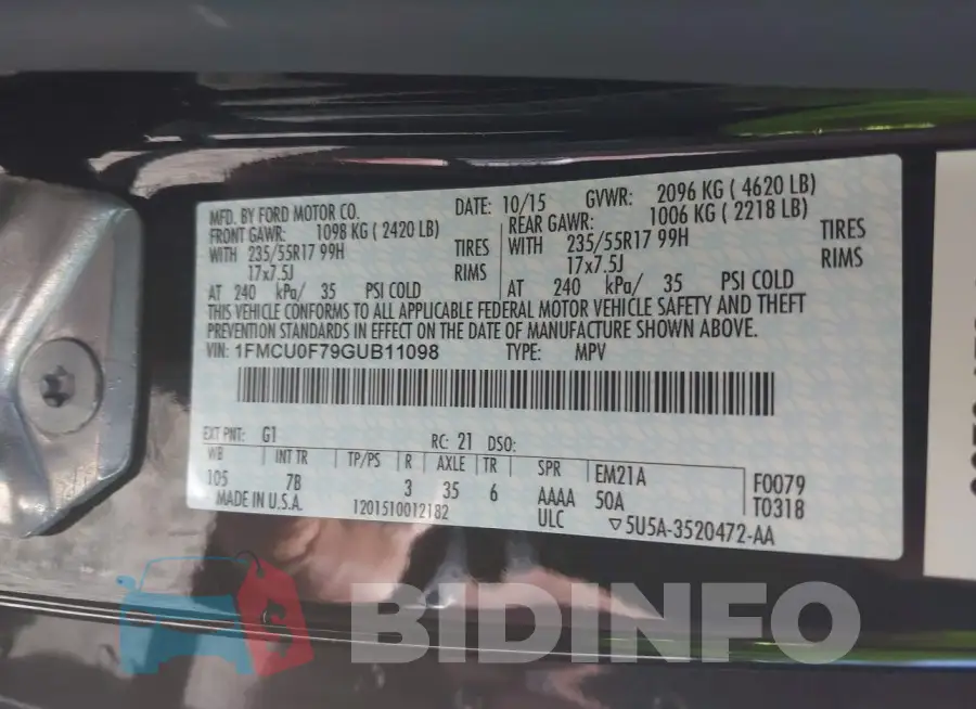 1FMCU0F79GUB11098 Photo# 9