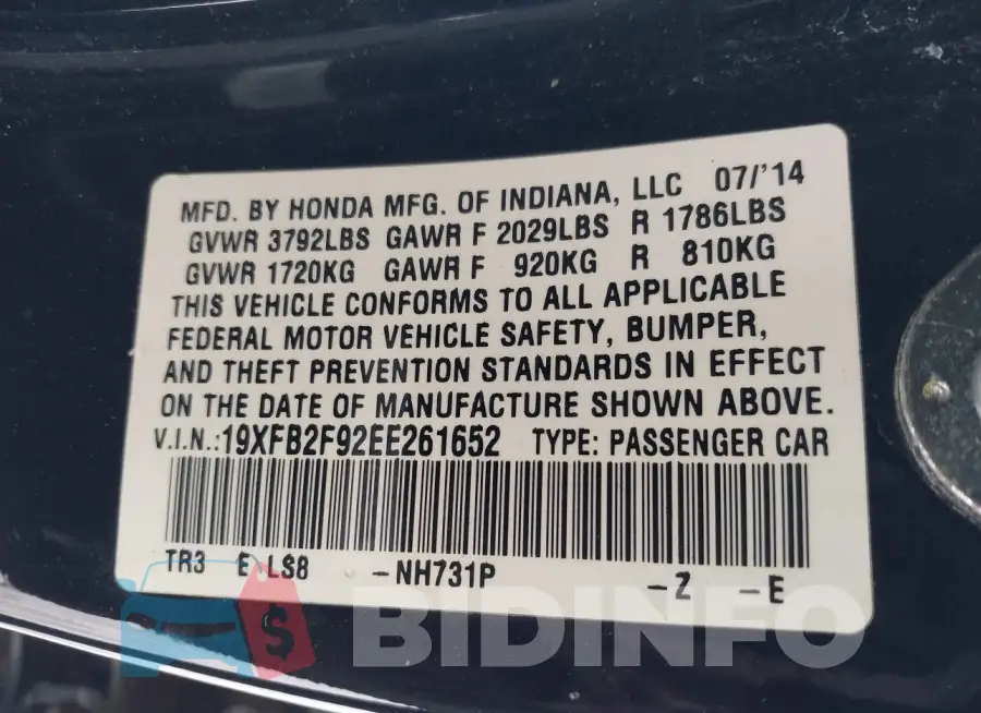 19XFB2F92EE261652 Photo# 9