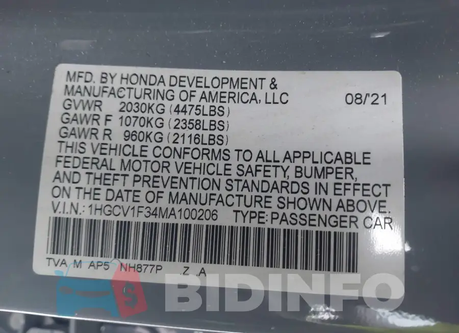 1HGCV1F34MA100206 Photo# 9