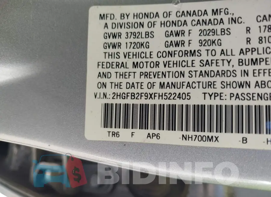 2HGFB2F9XFH522405 Photo# 9