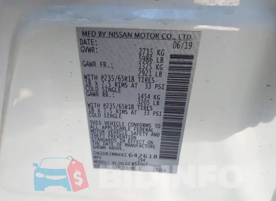 5N1DR2MNXKC642618 Photo# 9