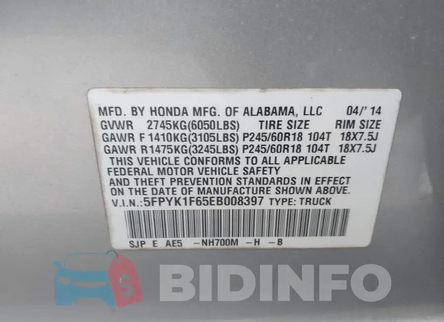 5FPYK1F65EB008397 Photo# 9
