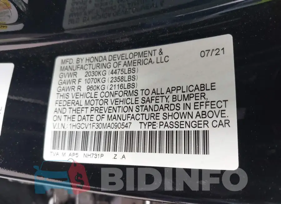 1HGCV1F30MA090547 Photo# 9