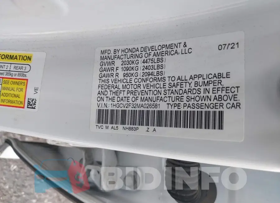 1HGCV2F32MA026581 Photo# 9