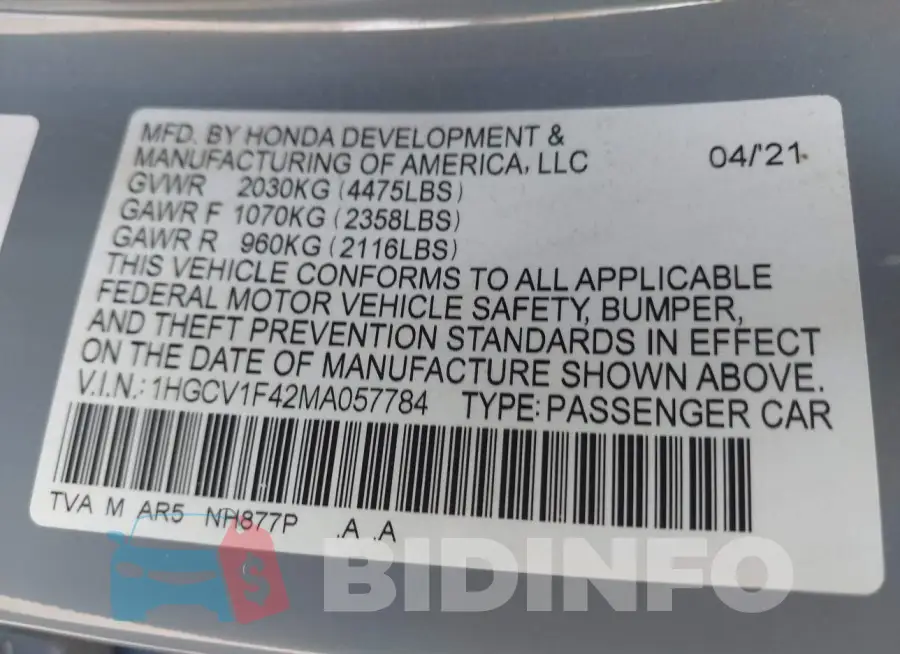 1HGCV1F42MA057784 Photo# 9