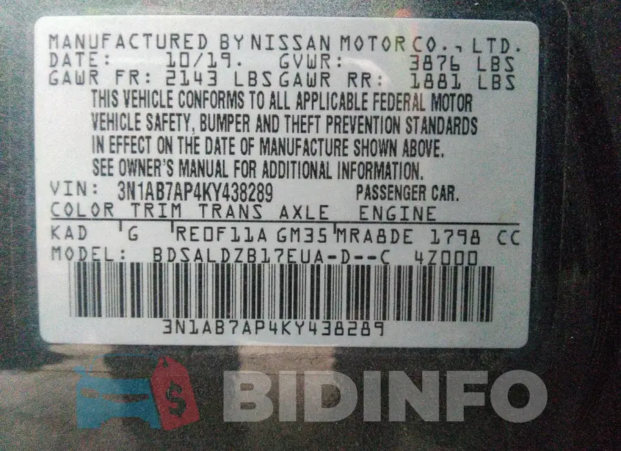 3N1AB7AP4KY438289 Photo# 9