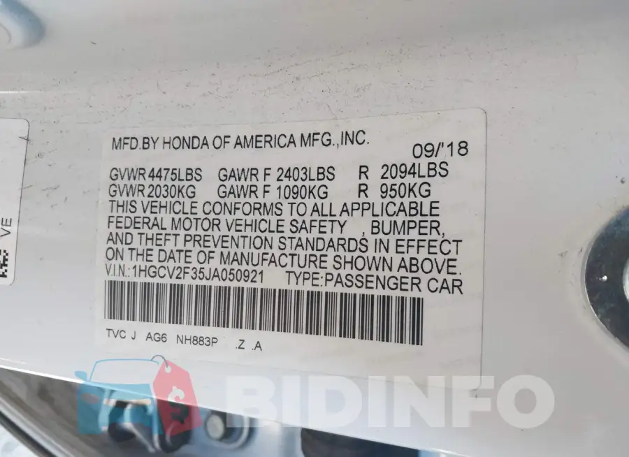 1HGCV2F35JA050921 Photo# 9