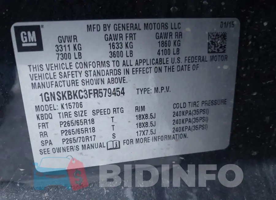 1GNSKBKC3FR579454 Photo# 9