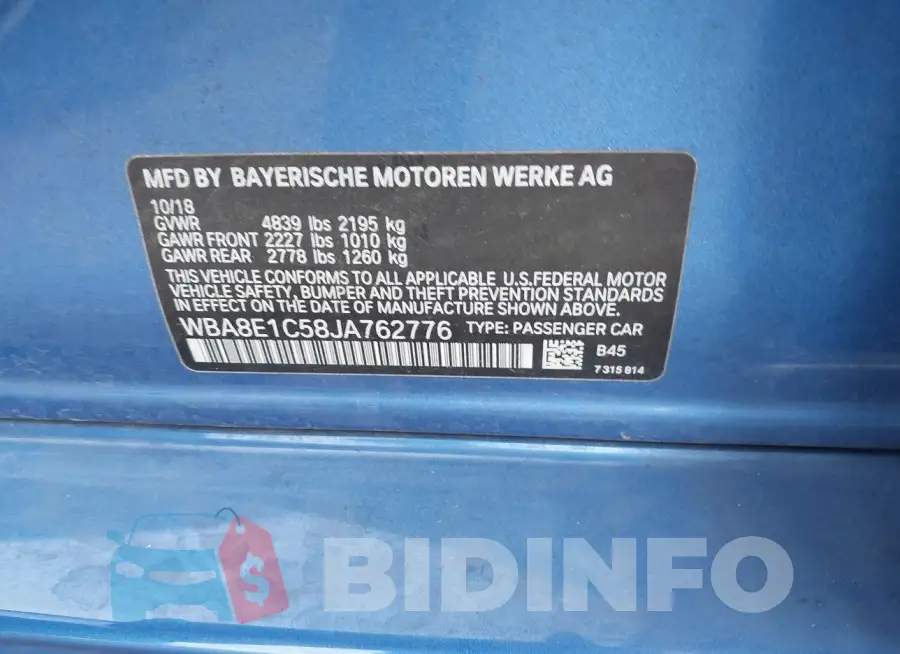 WBA8E1C58JA762776 Photo# 9