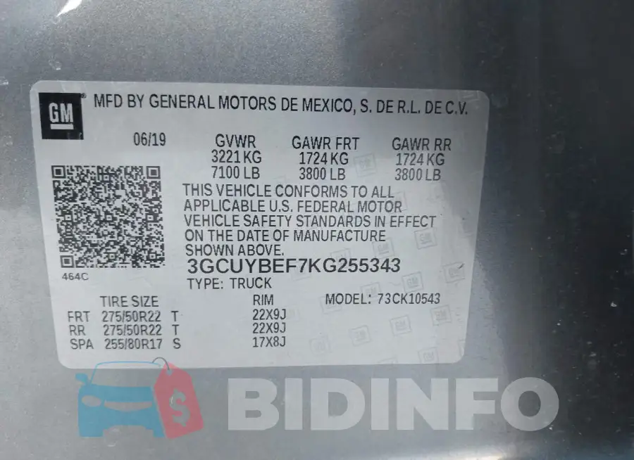 3GCUYBEF7KG255343 Photo# 9
