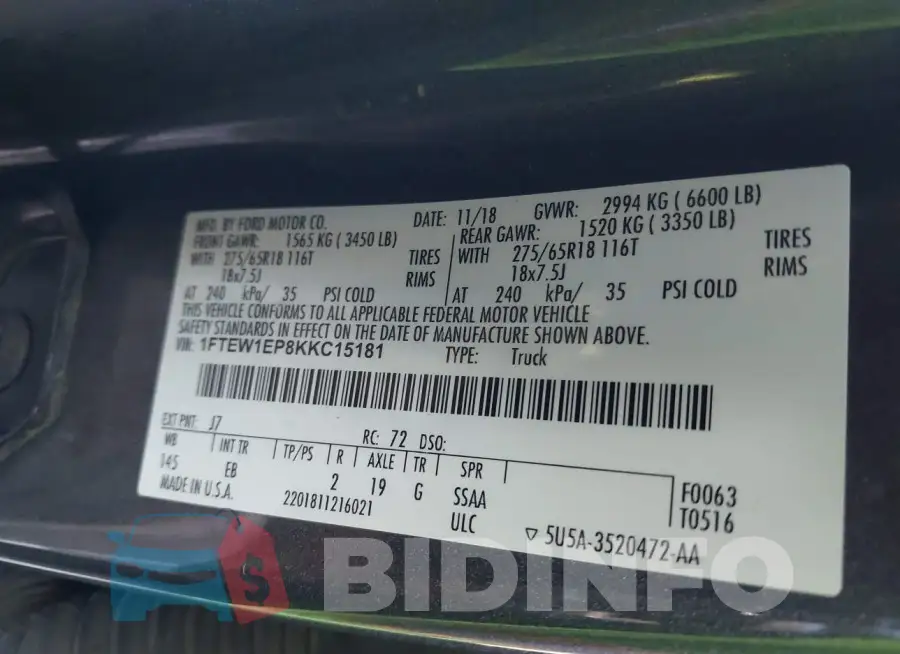 1FTEW1EP8KKC15181 Photo# 9