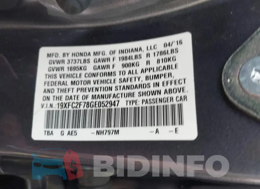 19XFC2F78GE052947 Photo# 9