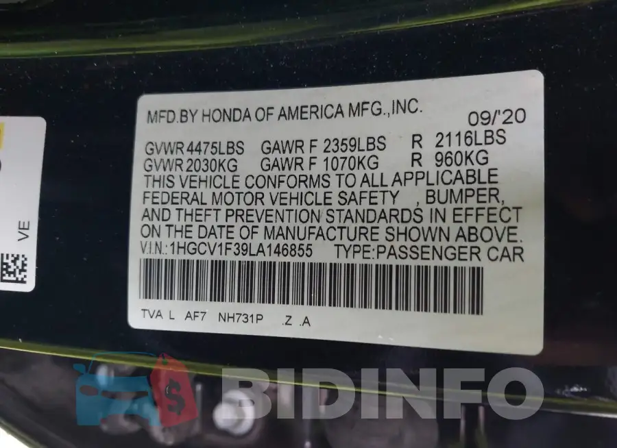 1HGCV1F39LA146855 Photo# 9