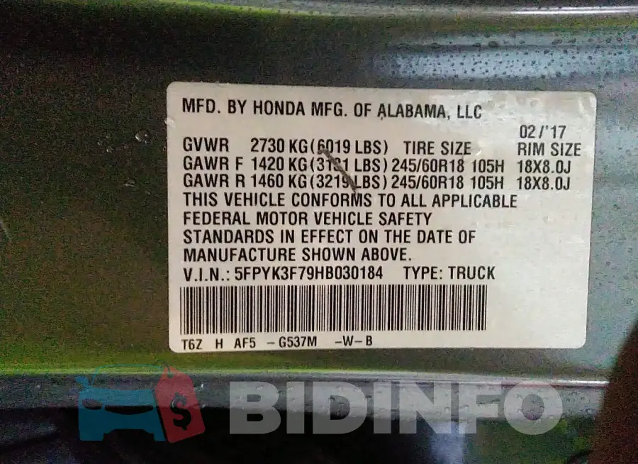 5FPYK3F79HB030184 Photo# 9