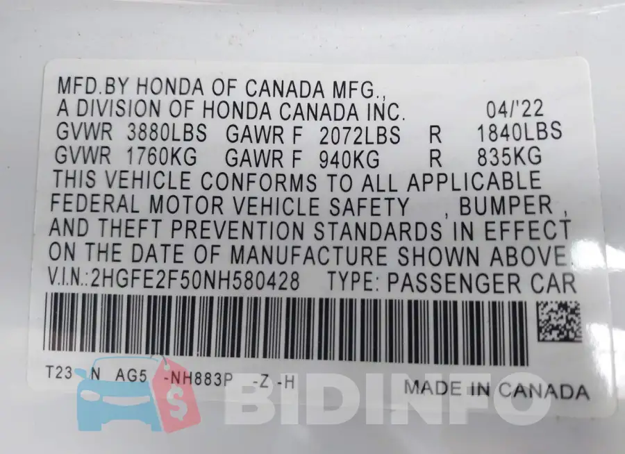 2HGFE2F50NH580428 Photo# 9