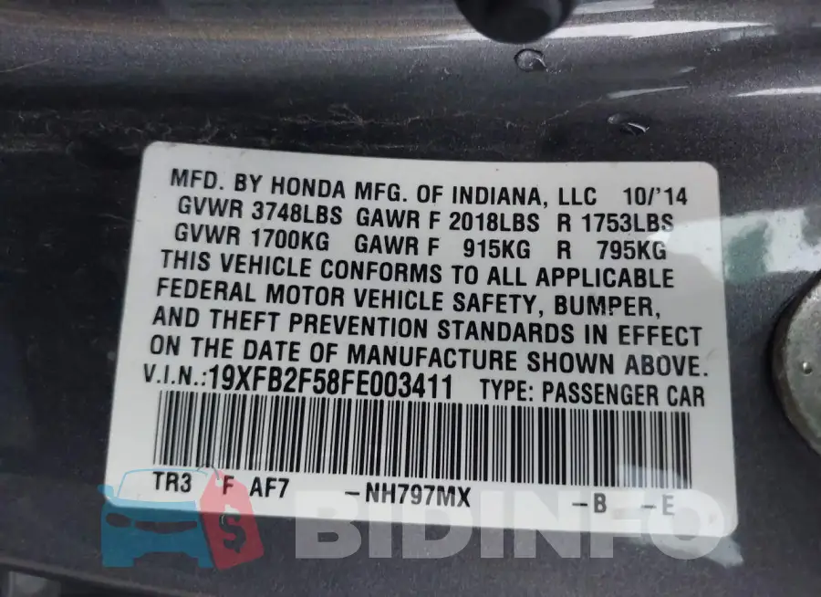 19XFB2F58FE003411 Photo# 9