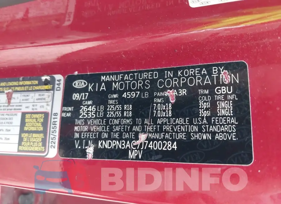 KNDPN3AC7J7400284 Photo# 9