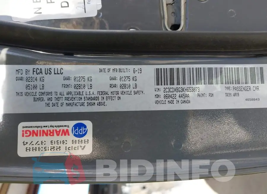 2C3CDXBG3KH653073 Photo# 9