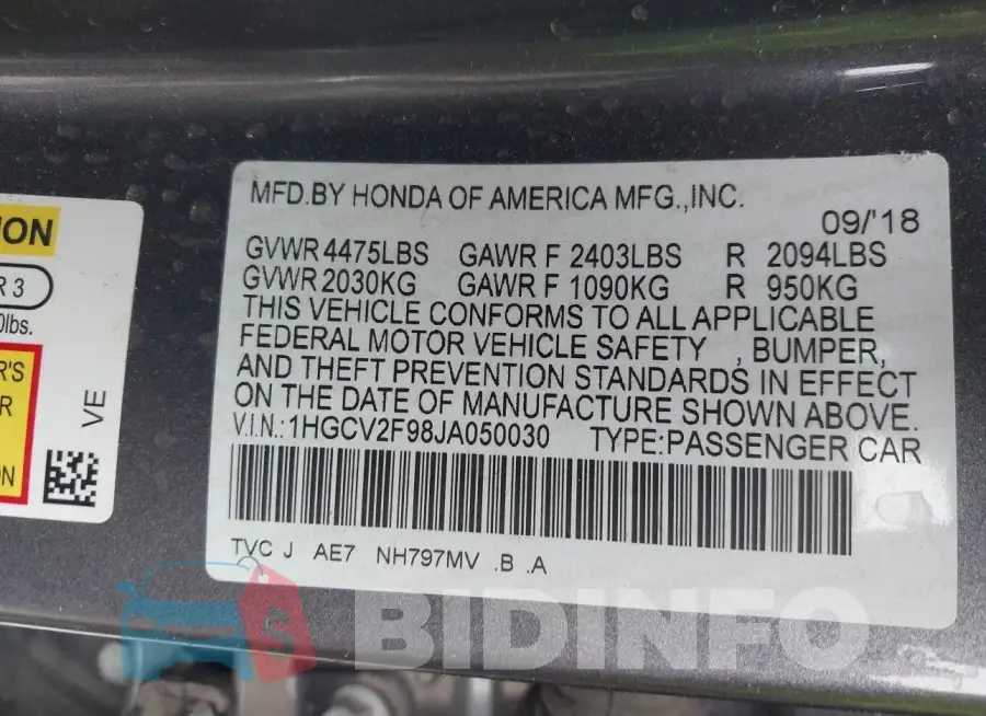 1HGCV2F98JA050030 Photo# 9