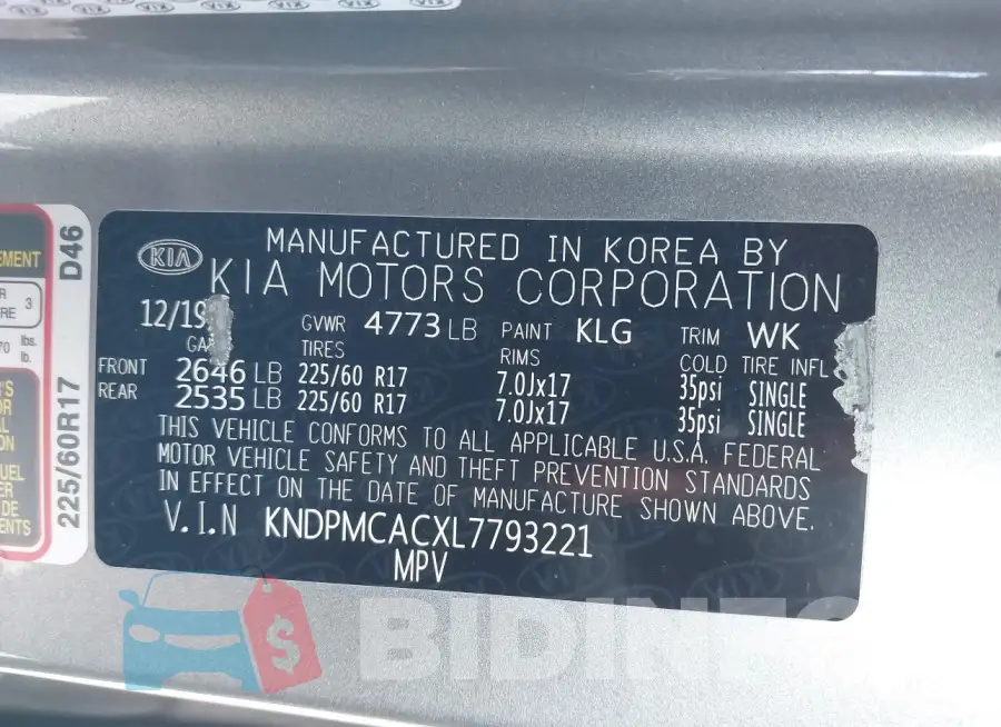 KNDPMCACXL7793221 Photo# 9