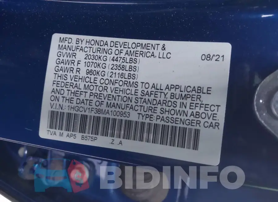 1HGCV1F38MA100953 Photo# 9