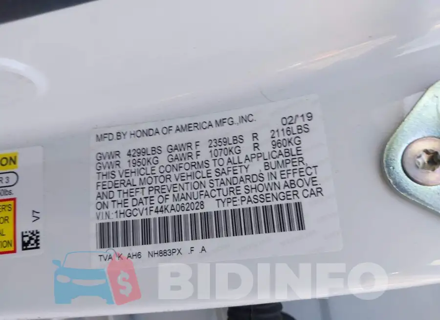 1HGCV1F44KA062028 Photo# 9