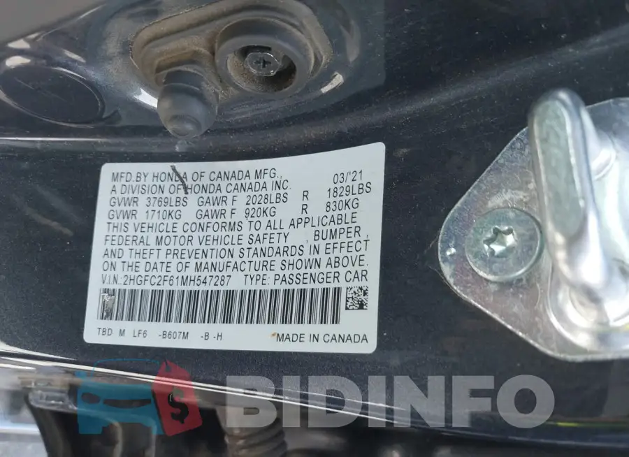 2HGFC2F61MH547287 Photo# 9