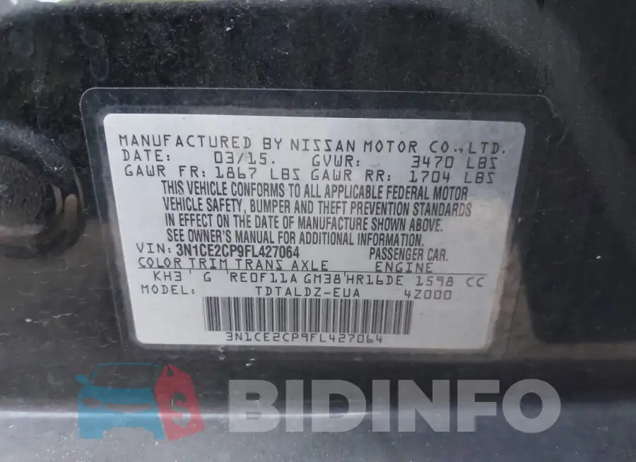 3N1CE2CP9FL427064 Photo# 9