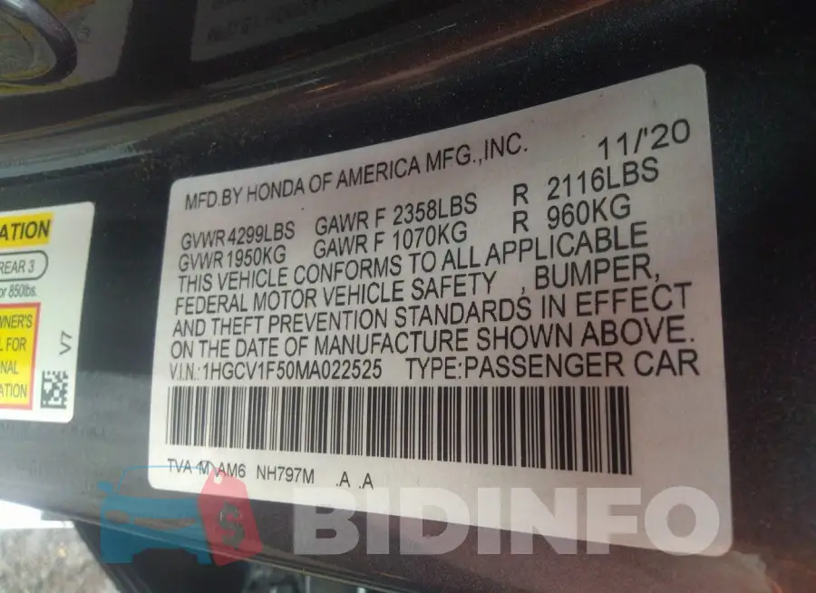 1HGCV1F50MA022525 Photo# 9