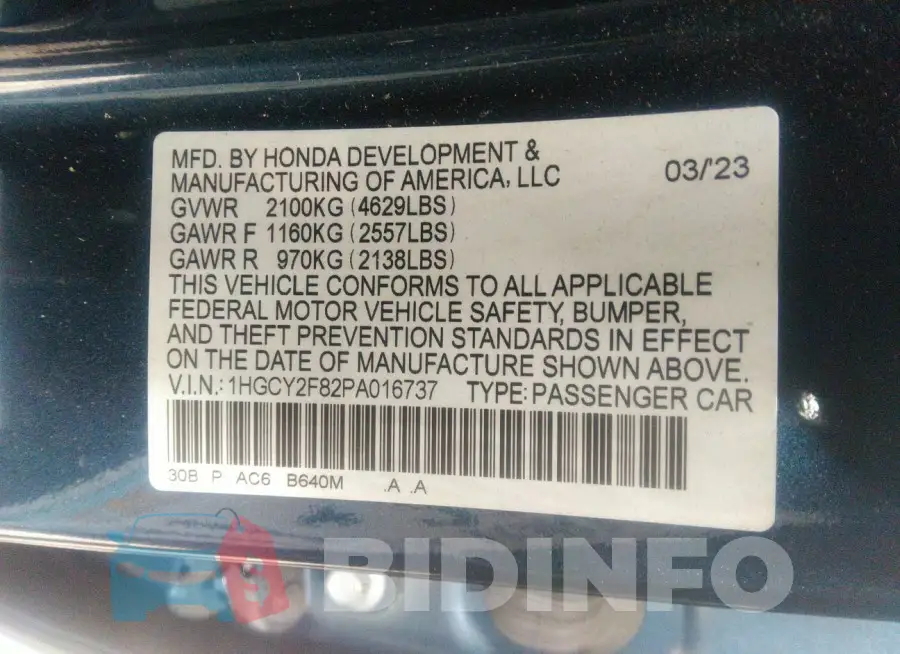1HGCY2F82PA016737 Photo# 9