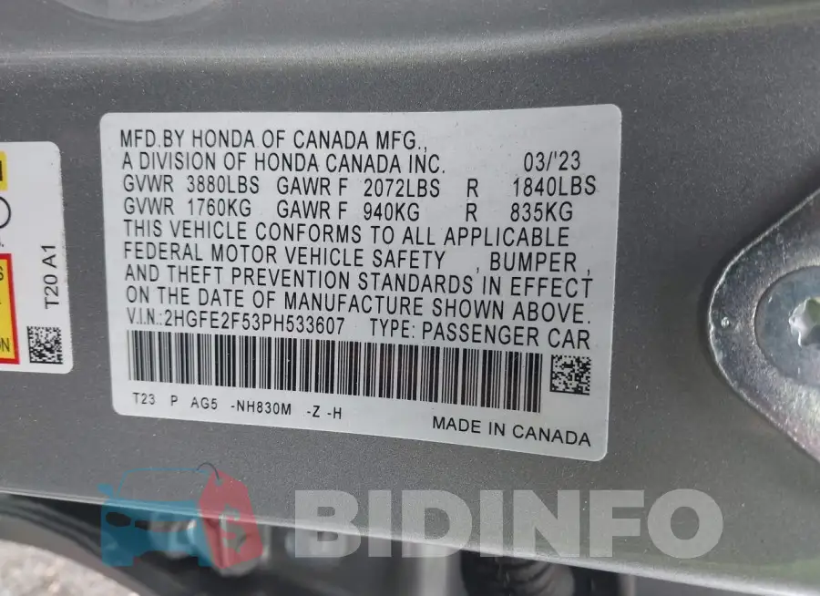 2HGFE2F53PH533607 Photo# 9