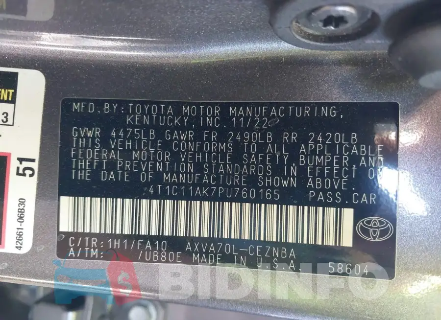 4T1C11AK7PU760165 Photo# 9