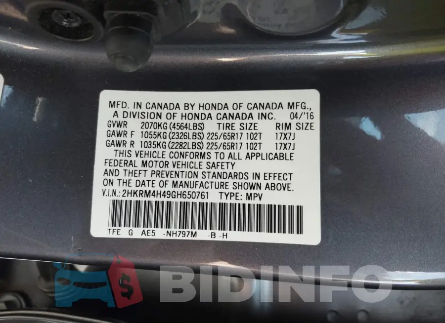 2HKRM4H49GH650761 Photo# 9