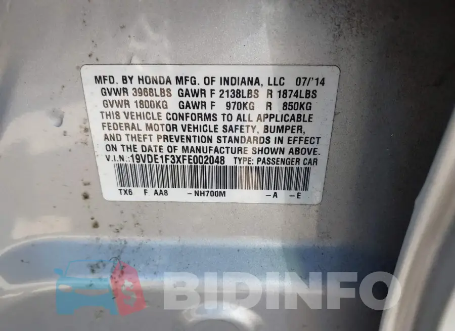 19VDE1F3XFE002048 Photo# 9