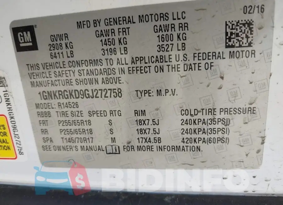 1GNKRGKD9GJ272758 Photo# 9