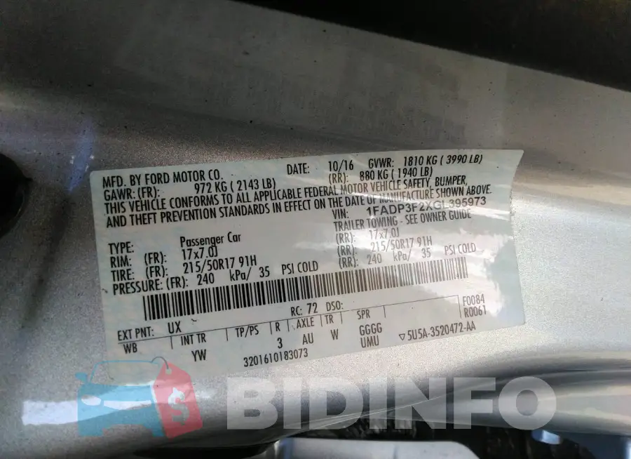 1FADP3F2XGL395973 Photo# 9
