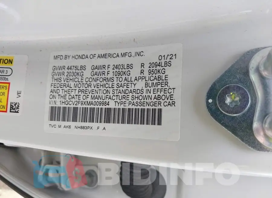 1HGCV2F9XMA009984 Photo# 9