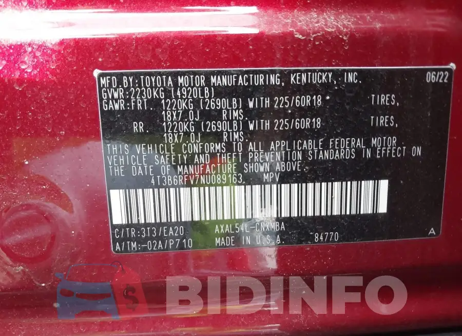 4T3B6RFV7NU089163 Photo# 9