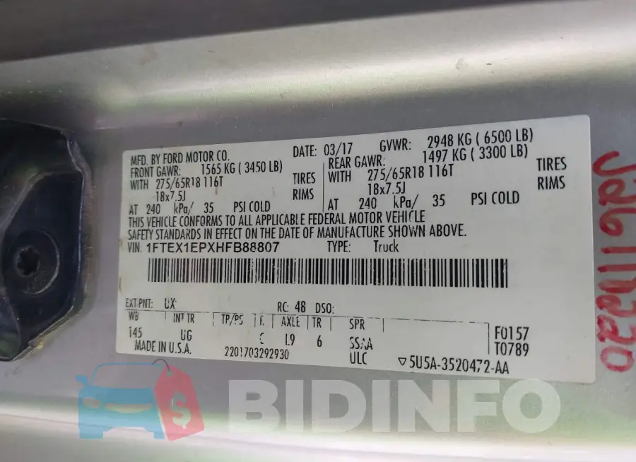 1FTEX1EPXHFB88807 Photo# 9