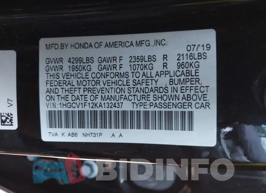 1HGCV1F12KA132437 Photo# 9