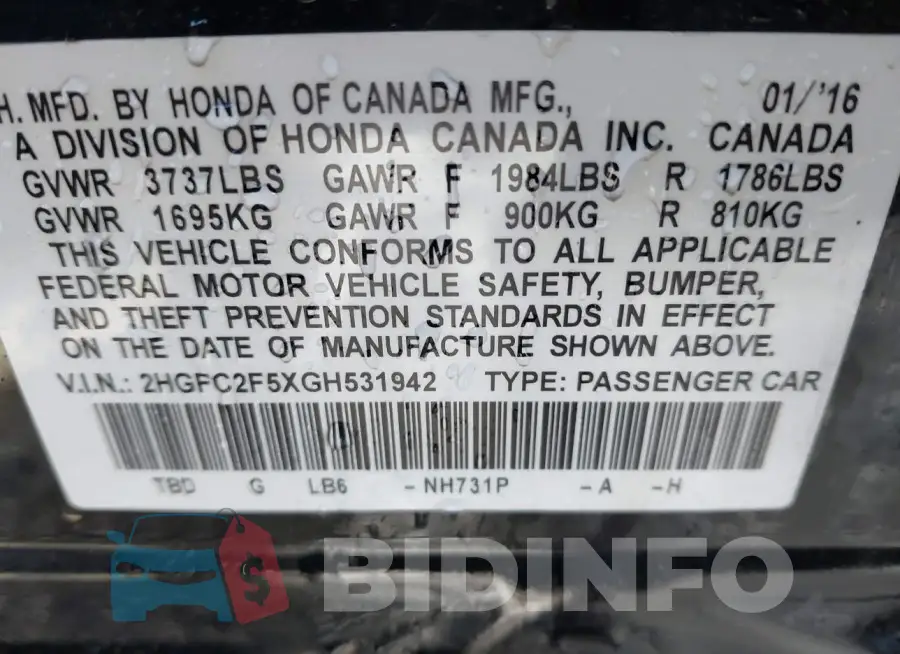 2HGFC2F5XGH531942 Photo# 9