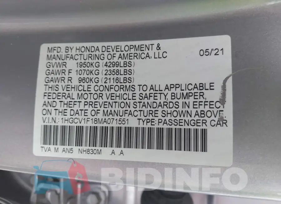 1HGCV1F18MA071551 Photo# 9