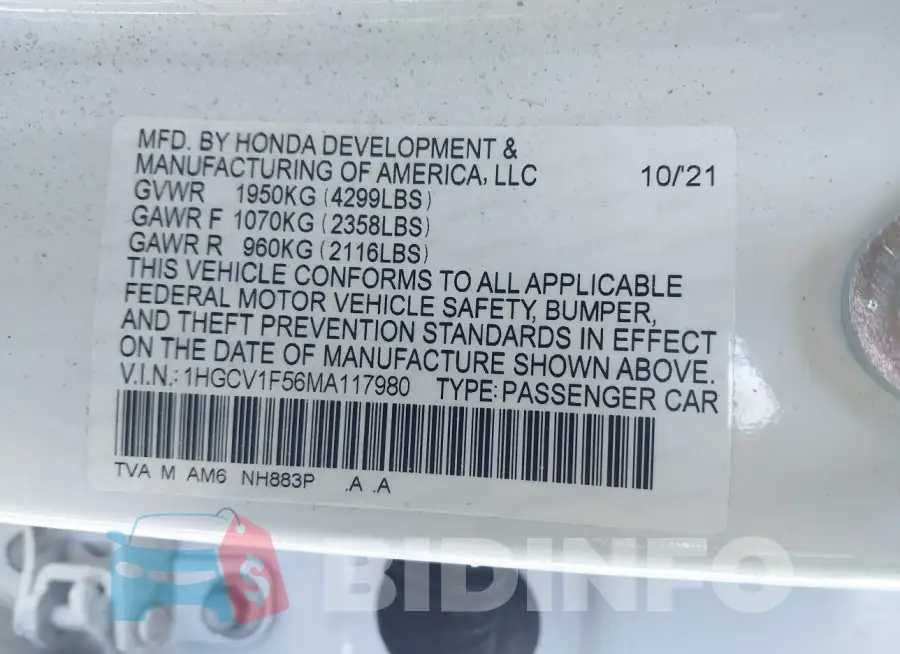 1HGCV1F56MA117980 Photo# 9
