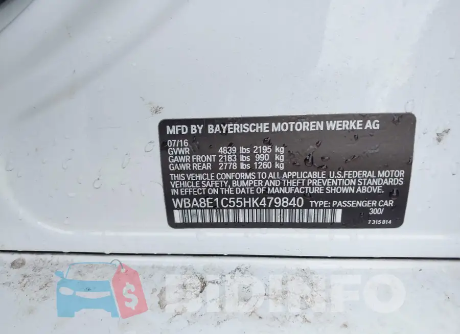 WBA8E1C55HK479840 Photo# 9