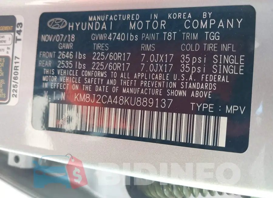 KM8J2CA48KU889137 Photo# 9