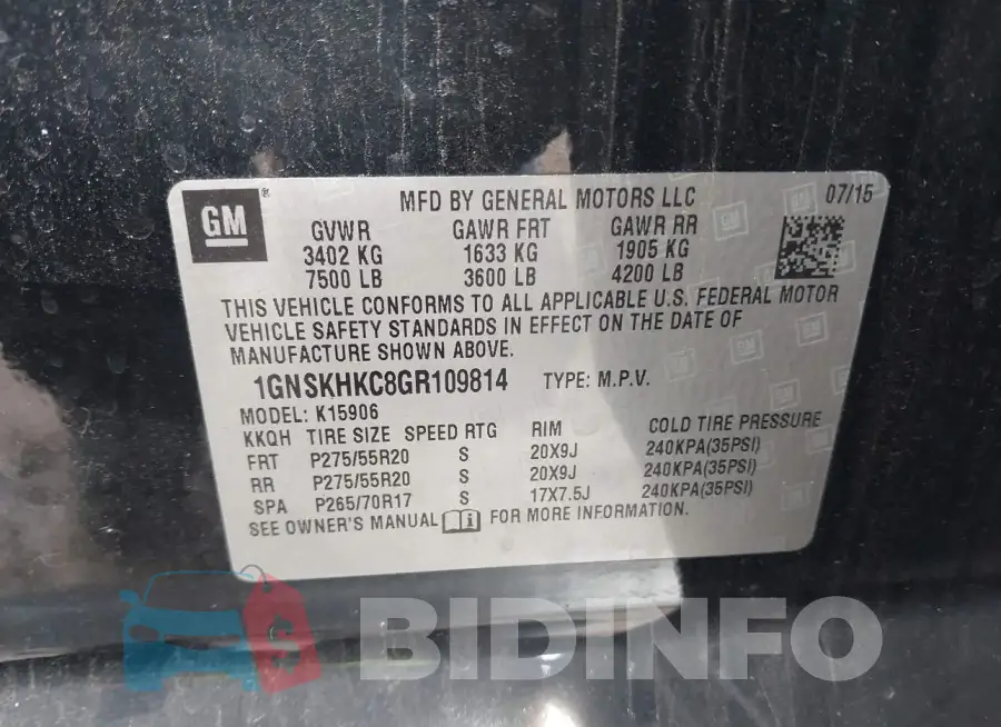 1GNSKHKC8GR109814 Photo# 9